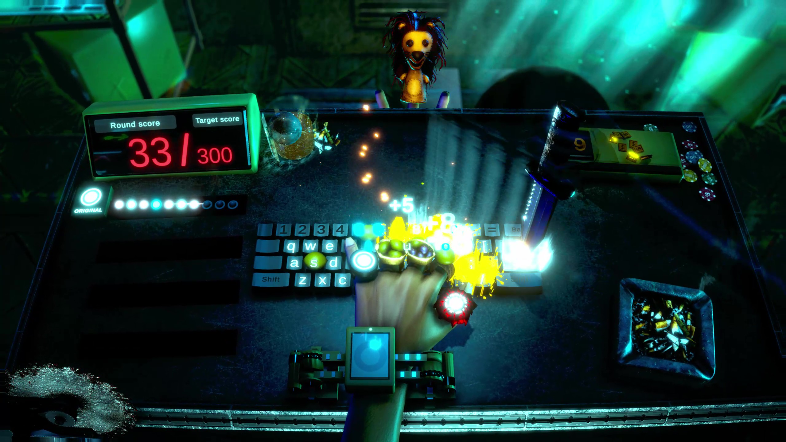 Scoring effects appear as the knife moves between the in-game fingers