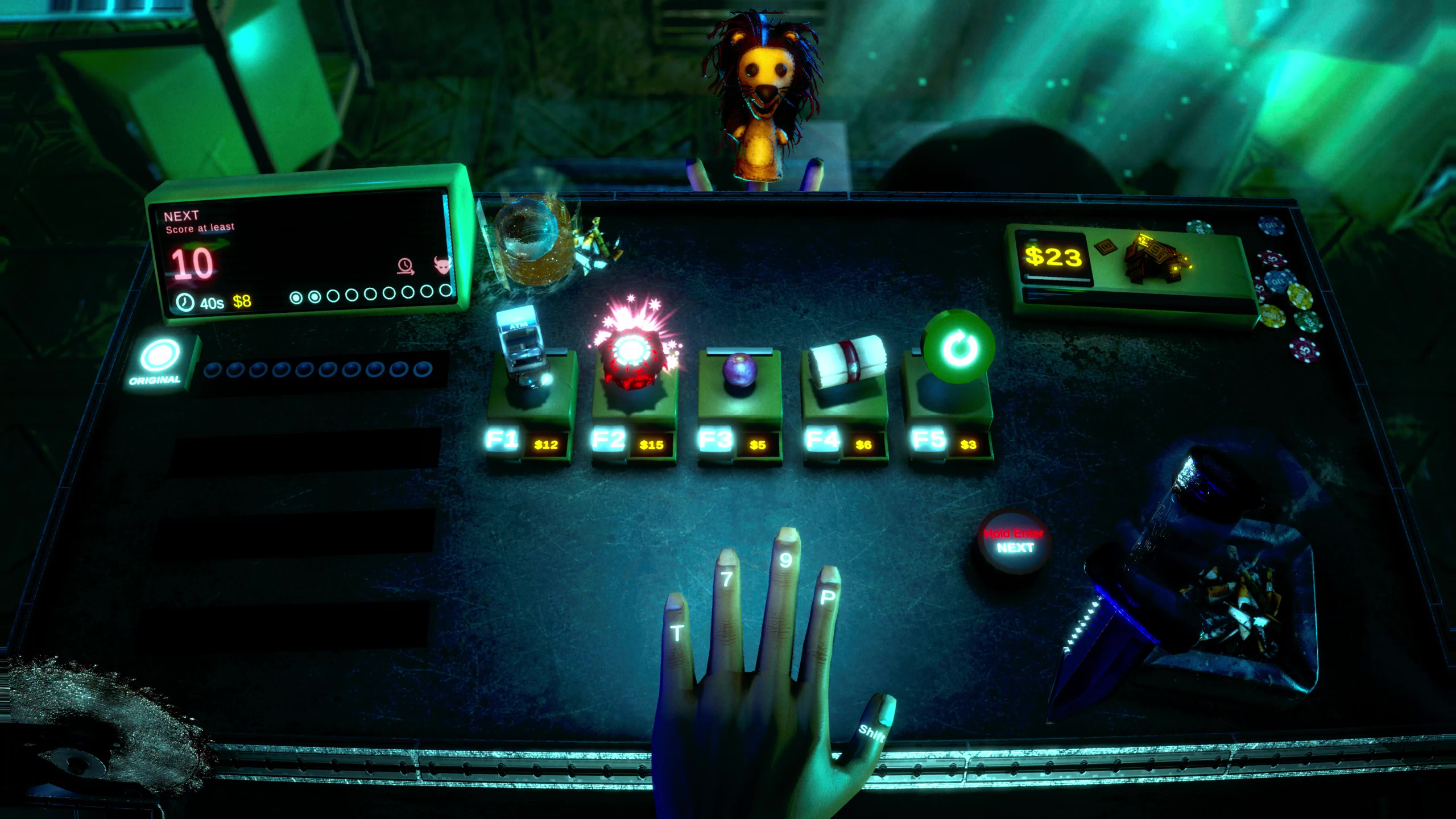 A selection screen with five priced items and control keys shown on the in-game fingers