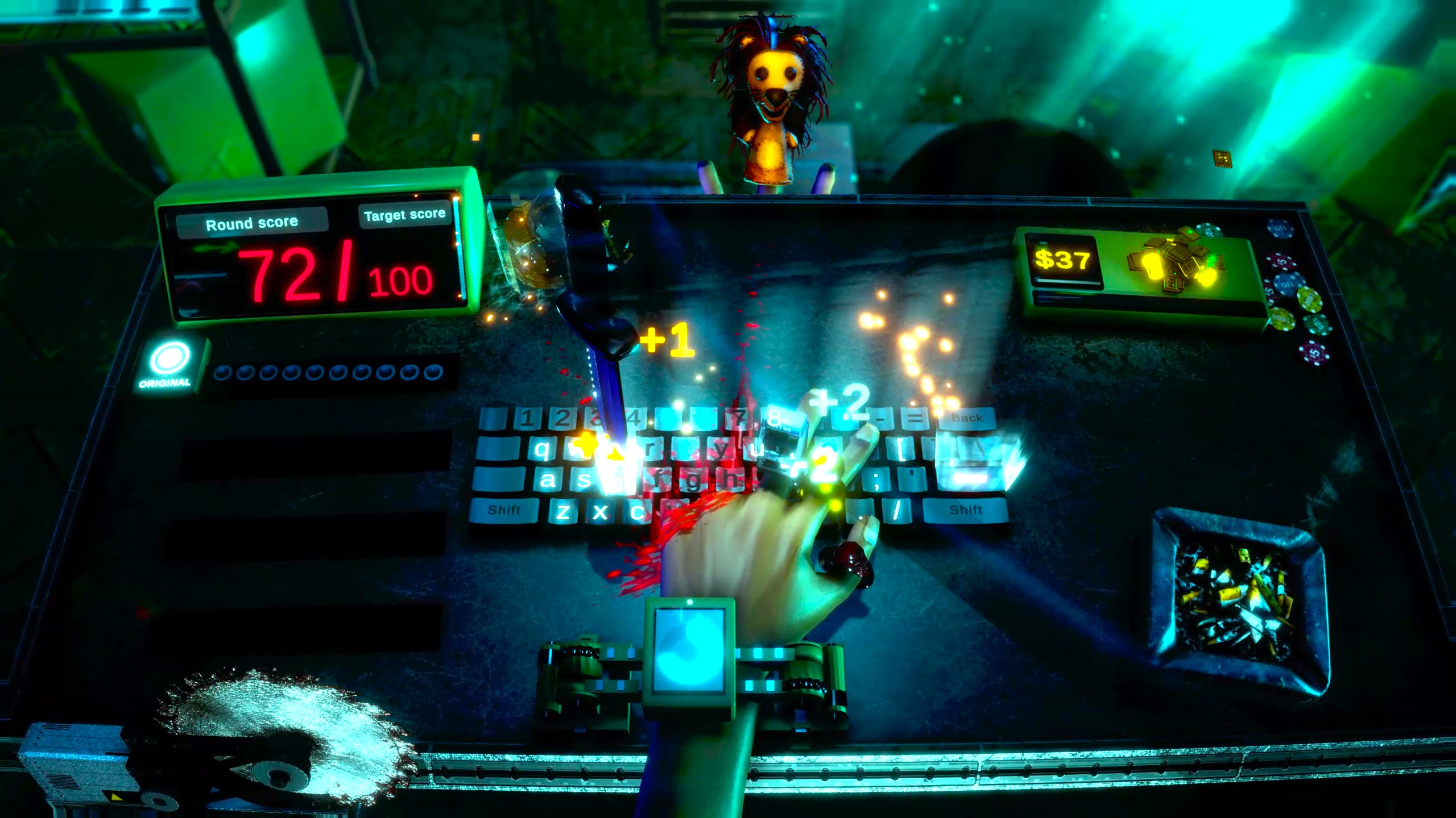 A damaged in-game hand continues scoring beside the knife