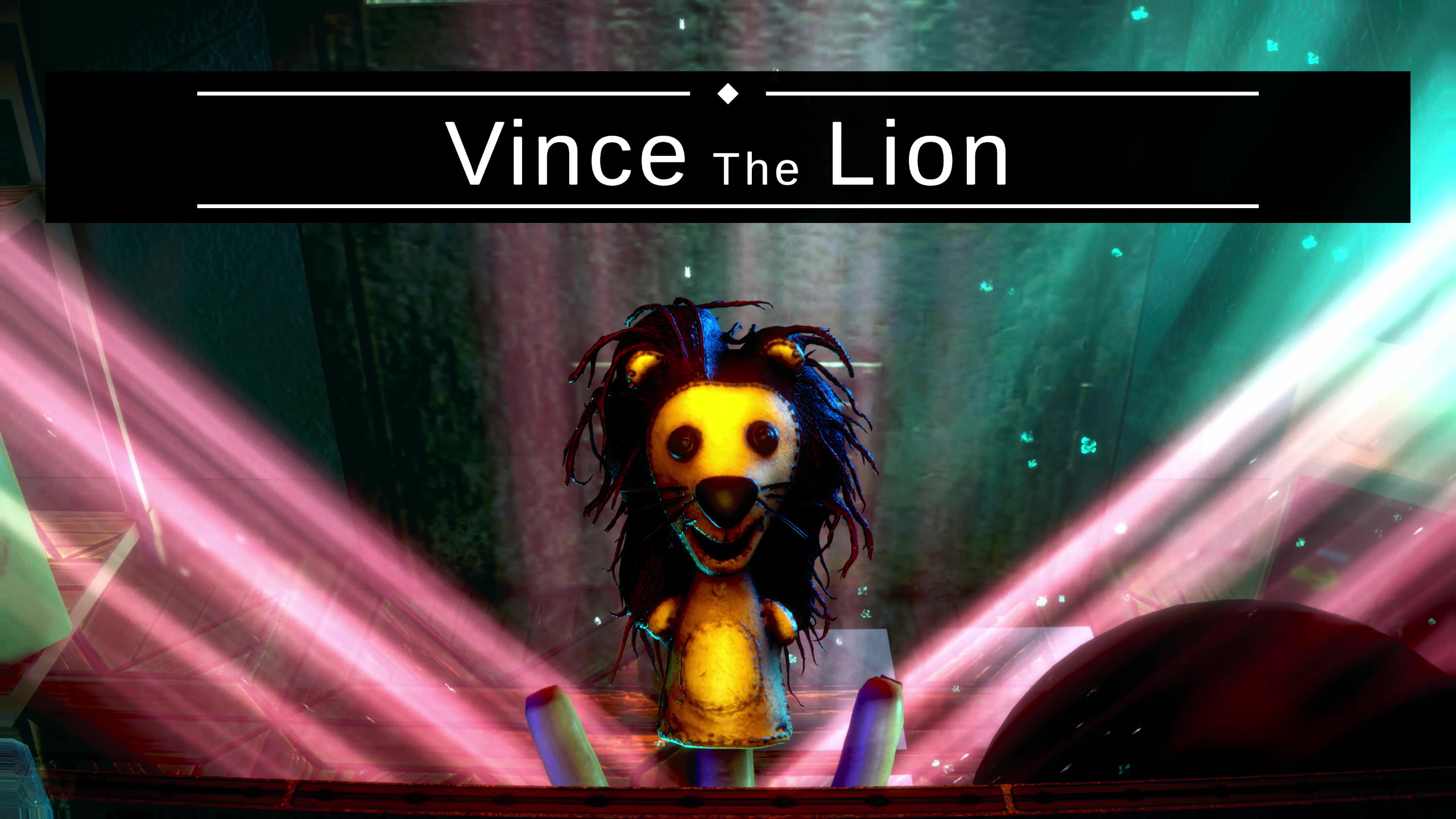 A button-eyed lion finger puppet stands beneath crossing spotlights
