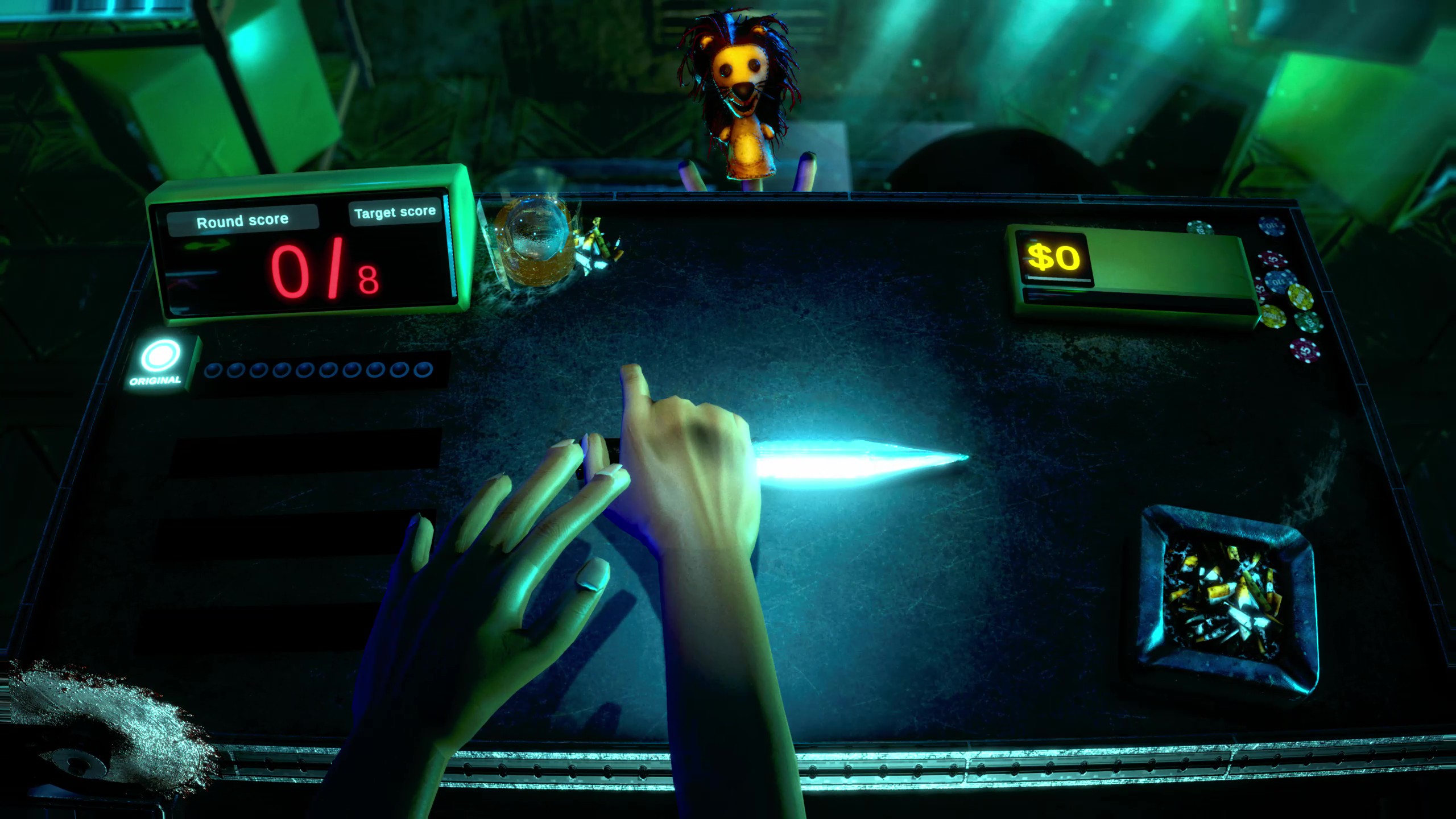 A first-person game view with two hands on a table and a glowing knife between them at the beginning of a run